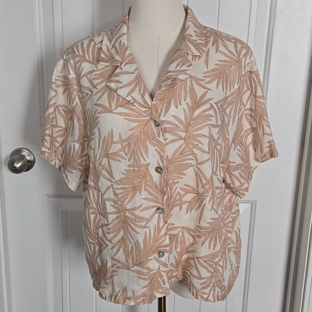 Nicole Miller New York 100% Linen Cropped Boxy Shirt Large Tropical Print Natura